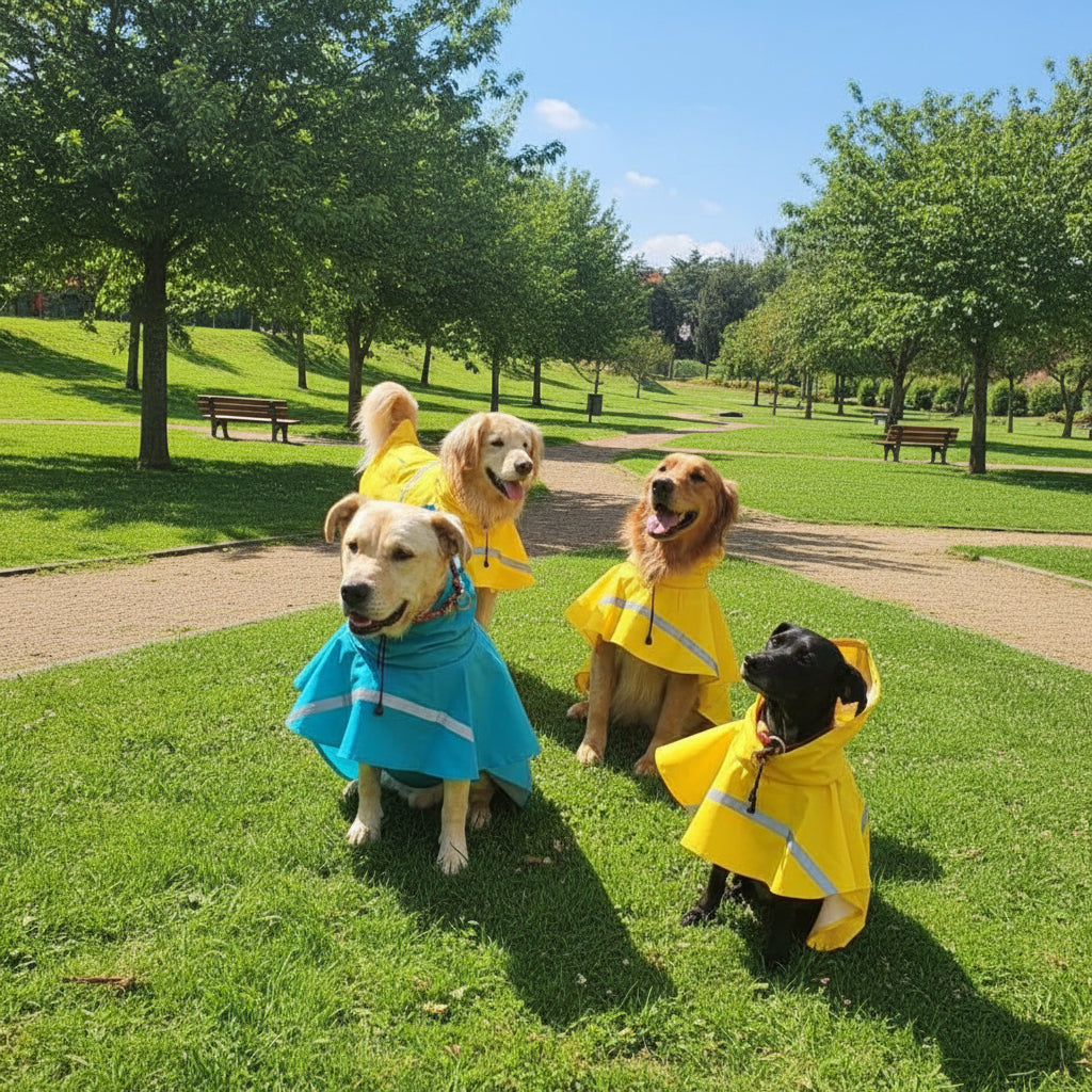 Outdoor dog wearing a stylish waterproof raincoat with a hood, staying dry and safe during wet weather.