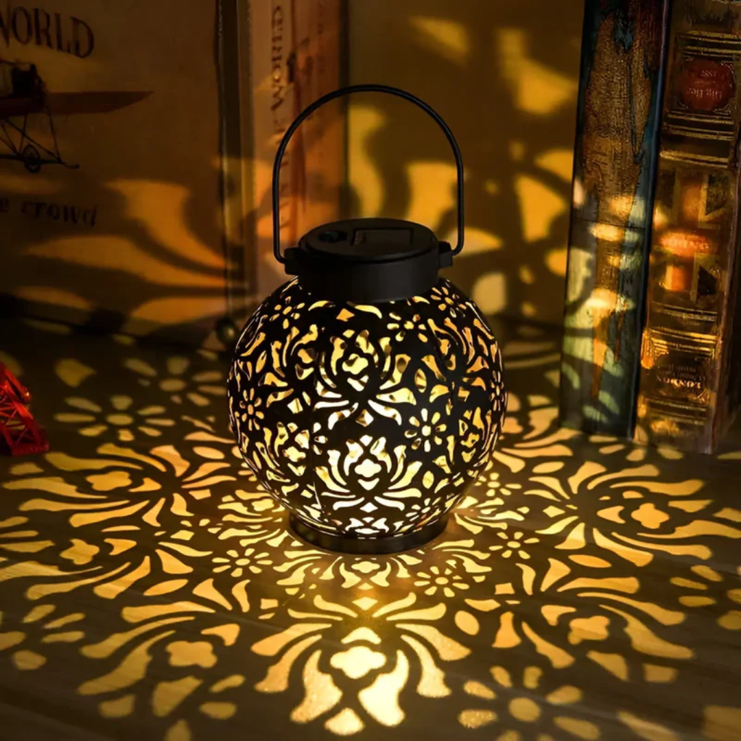 Hanging solar LED light for gardens & patios. Waterproof, provides beautiful outdoor ambiance. RadiantGlow.