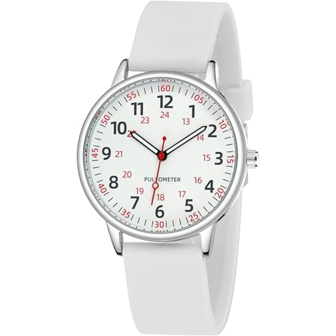 Accurate analog nurse watch, waterproof, unisex, robust silicone strap for medical professionals.