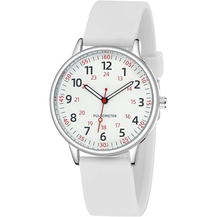 Accurate analog nurse watch, waterproof, unisex, robust silicone strap for medical professionals.