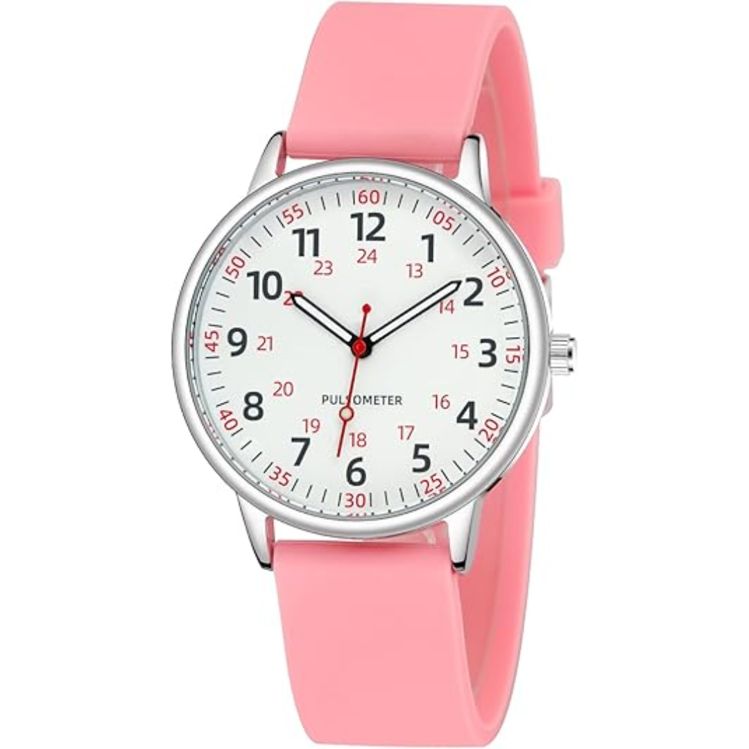 Medical professional's waterproof watch: durable silicone strap, clear analog display, essential for daily care.