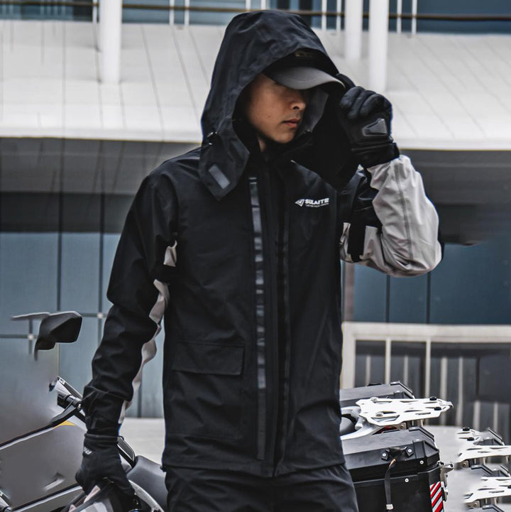 All-weather men's rain suit: waterproof jacket and pants for camping, hiking, and travel.