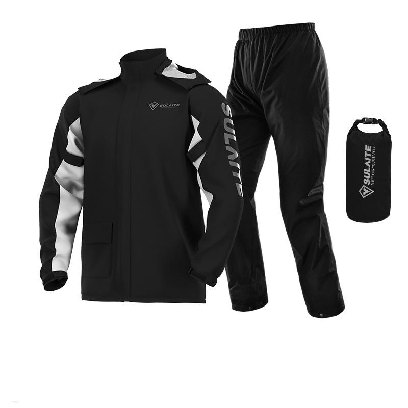 Close-up of men's waterproof rain suit jacket, windproof & breathable for outdoor adventures.