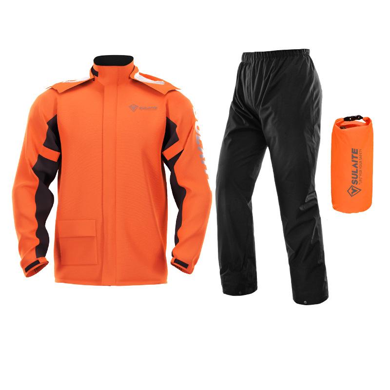 Full shot of a man wearing a black waterproof rain suit, perfect for all-weather outdoor gear.