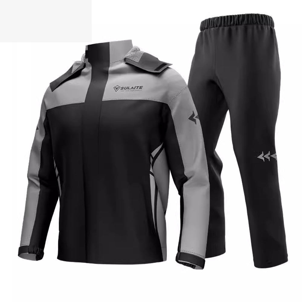 Folded men's rain suit, compact and lightweight for easy packing and travel gear.