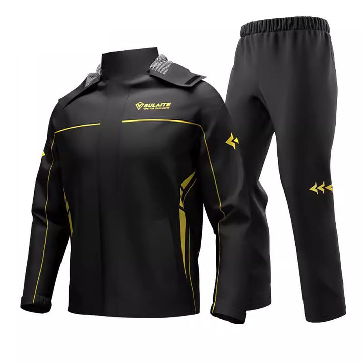 Detail of waterproof zipper on men's rain suit jacket. Reliable outdoor protection.