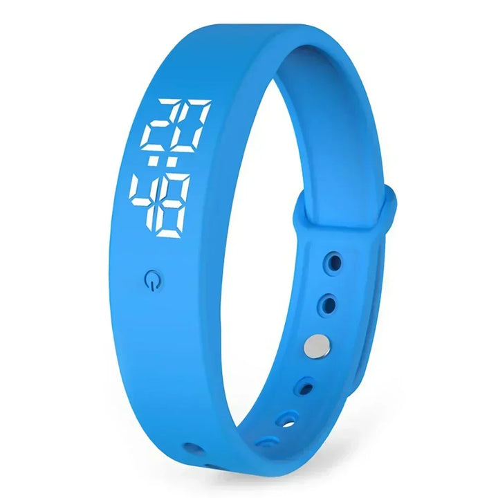 Unisex waterproof smartwatch with black silicone strap, displaying digital time and vibration notification icon.