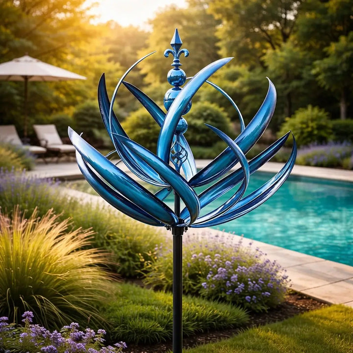 Outdoor metal lotus wind spinner, rust-resistant garden decor. Kinetic sculpture for yard & patio. Blue & red finish.