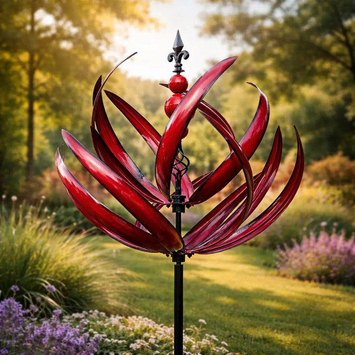 Vibrant blue & red metal lotus wind spinner. Weather-resistant garden art, perfect outdoor living yard ornament.