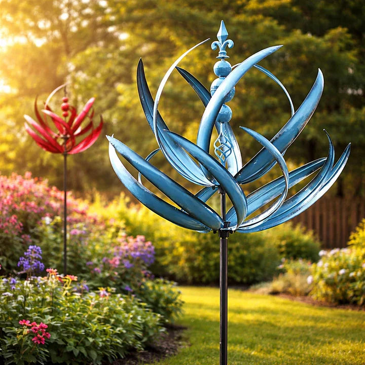 Rust-resistant metal lotus wind spinner. Elegant kinetic sculpture for garden decor & patio decoration.