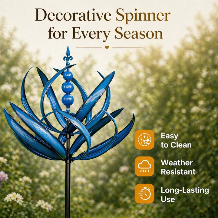 Kinetic metal lotus wind spinner. Durable, rust-resistant garden ornament for year-round outdoor display.