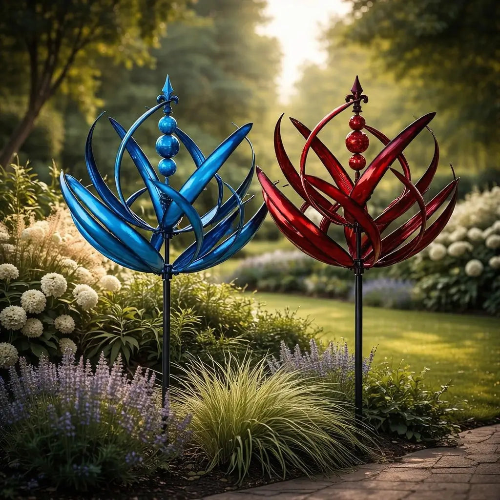 Blue and red lotus-shaped metal wind spinner. Unique outdoor garden decor, weather-resistant yard art.
