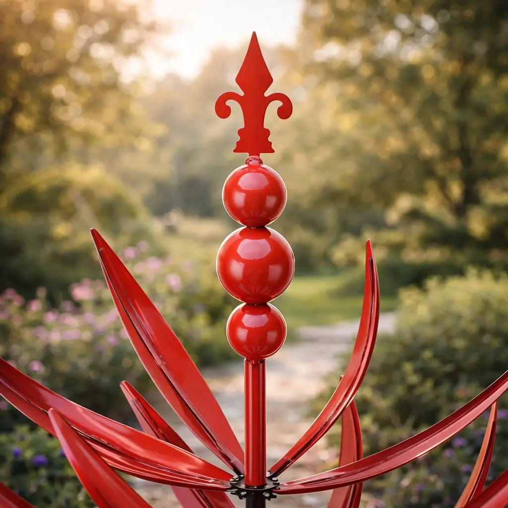 Outdoor metal wind spinner with lotus design. Rust-resistant garden decor, perfect for patio & yard.