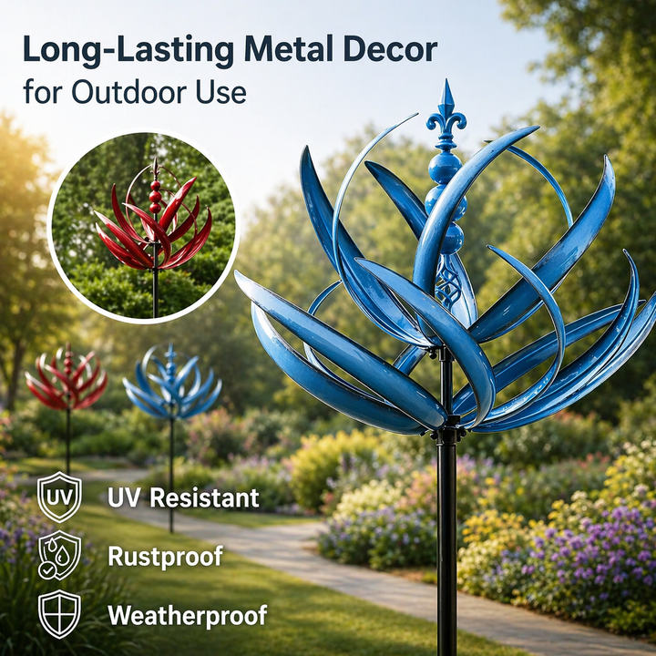 Modern metal art lotus wind spinner. Rust-resistant, kinetic sculpture enhances any outdoor garden decor.