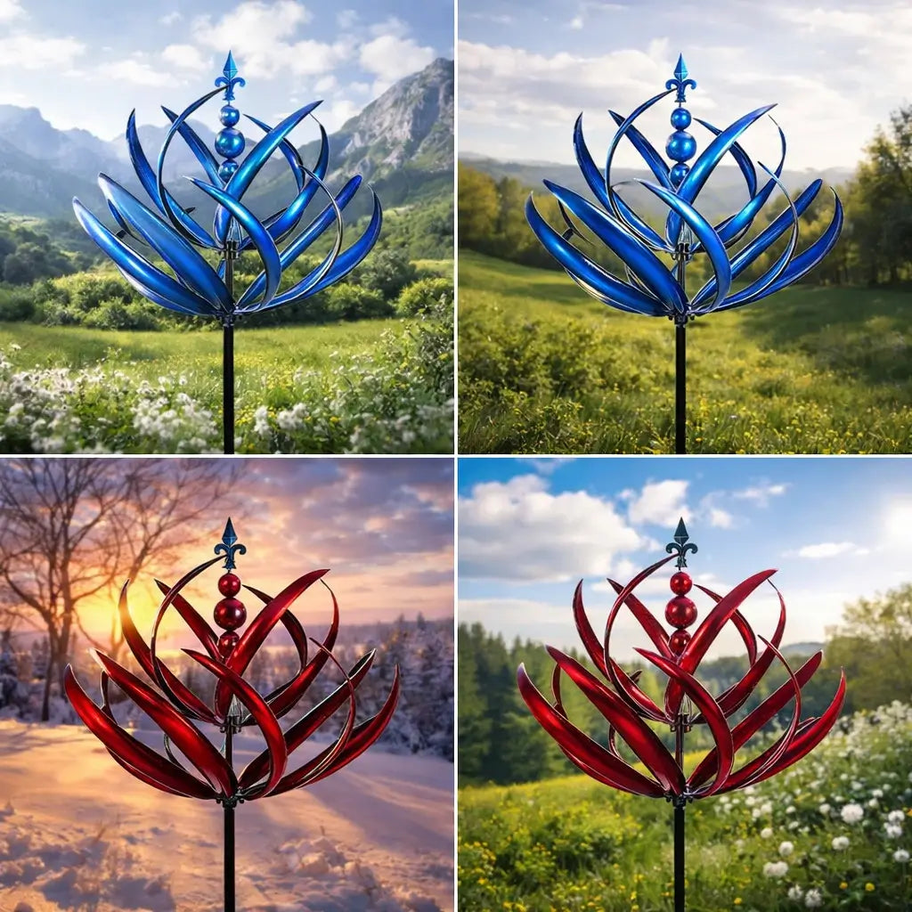 Metal lotus wind spinner. Rust-resistant & weather-resistant garden decor for patio, yard, and outdoor living.