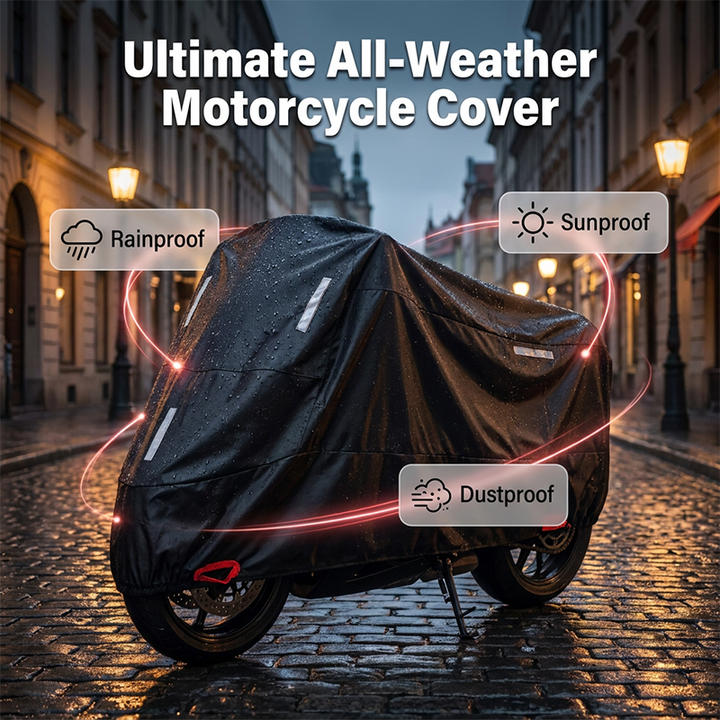 Reflective weatherproof motorcycle cover enhances security & visibility for parked bikes, all-weather protection.