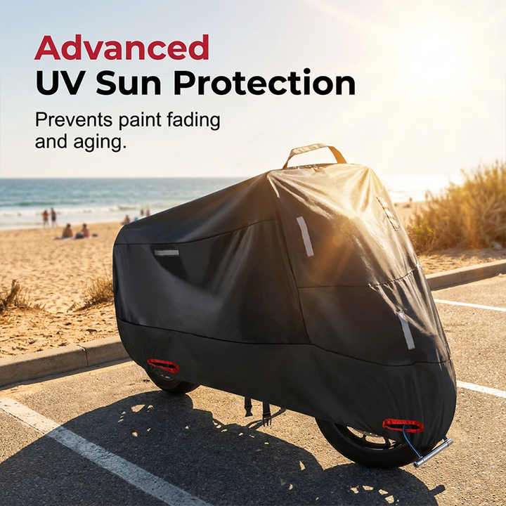 All-weather motorcycle cover with reflective strips ensures bike protection from rain, sun, dust, and elements.