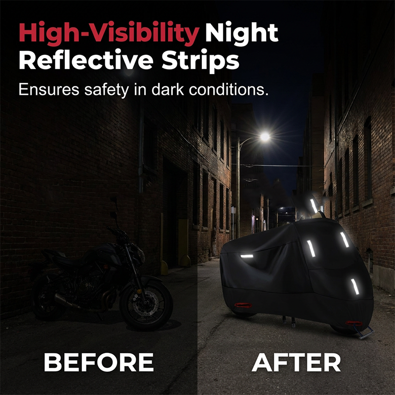 Outdoor storage motorcycle cover, heavy-duty & weatherproof, with reflective strips for enhanced visibility.