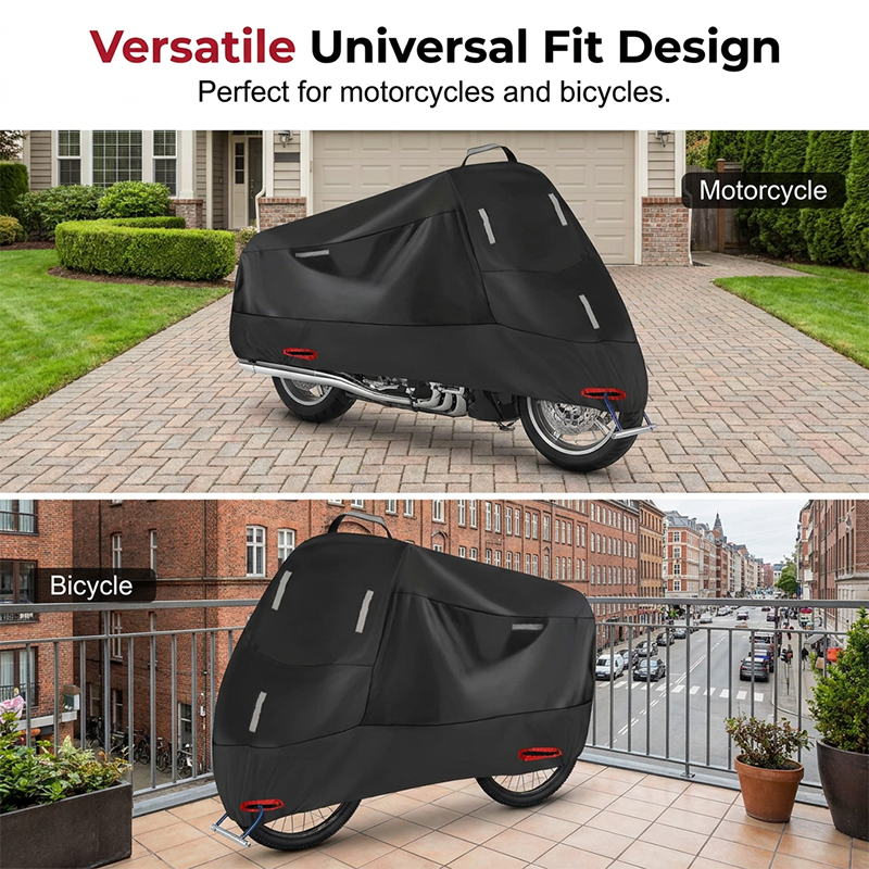 Premium weatherproof motorcycle cover, durable fabric, reflective strips for secure all-season outdoor protection.
