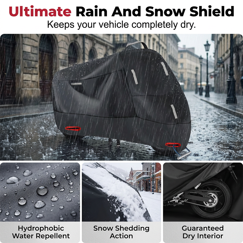 Rain, sun, and dust proof motorcycle cover with reflective strips for ultimate all-weather bike protection.