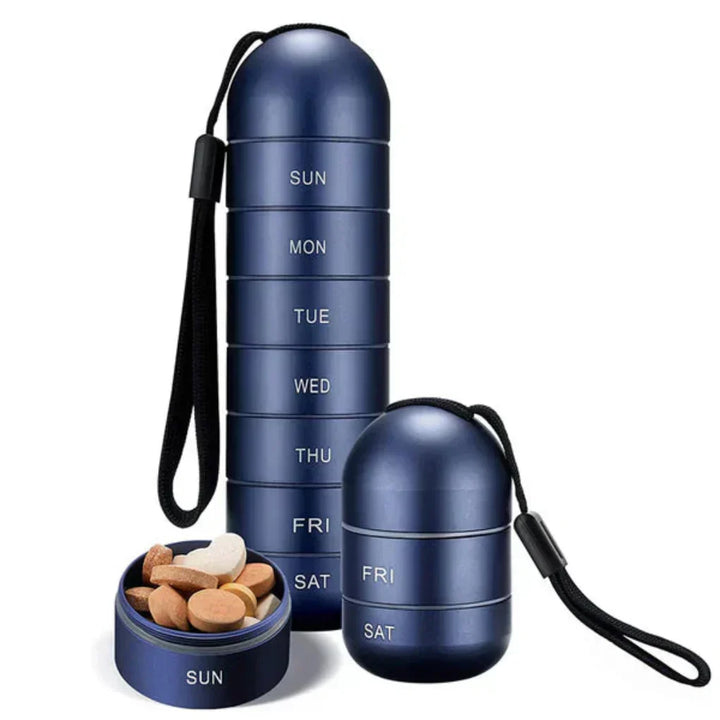 Weekly pill organizer with 7 daily compartments, aluminum alloy & waterproof for medicine & vitamin management.