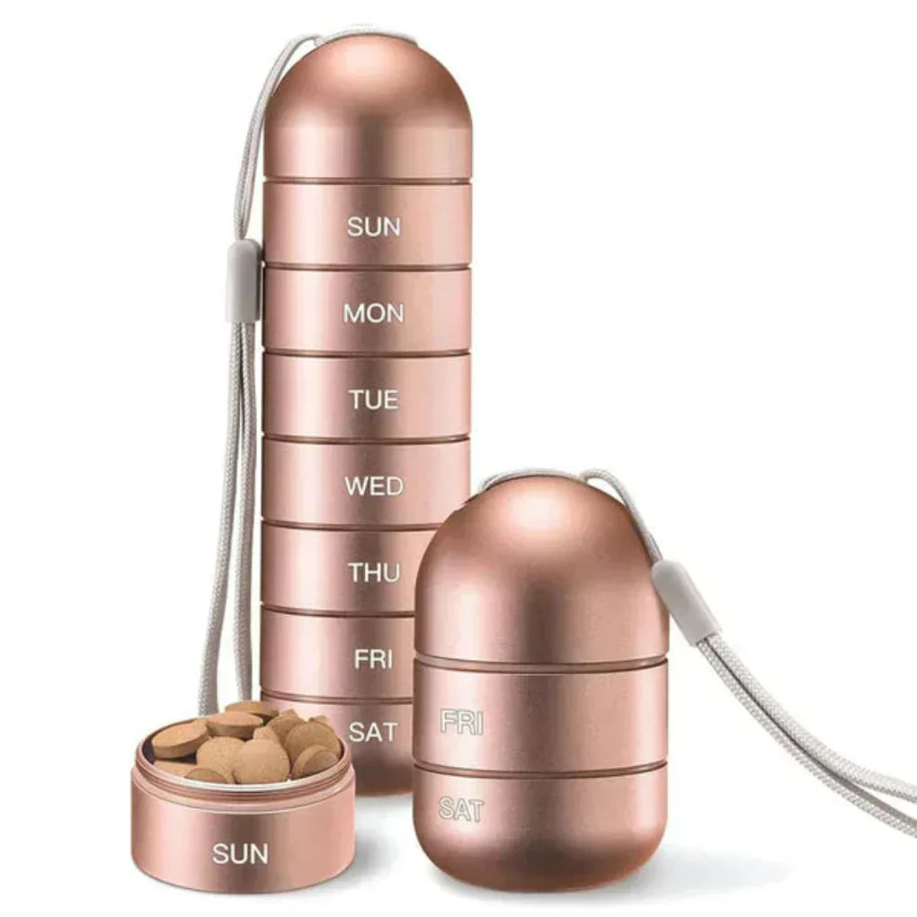 Durable aluminum alloy weekly pill organizer for daily medication & vitamin management, waterproof health accessory.