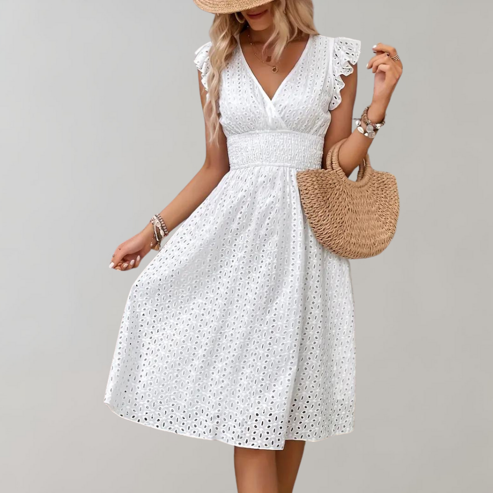 Lina women's white summer midi dress, lightweight fabric, short ruffled sleeves. Stylish & comfortable.