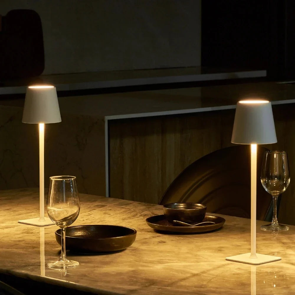 Modern rechargeable LED lamp, dimmable, cordless. Perfect for any indoor or outdoor table.