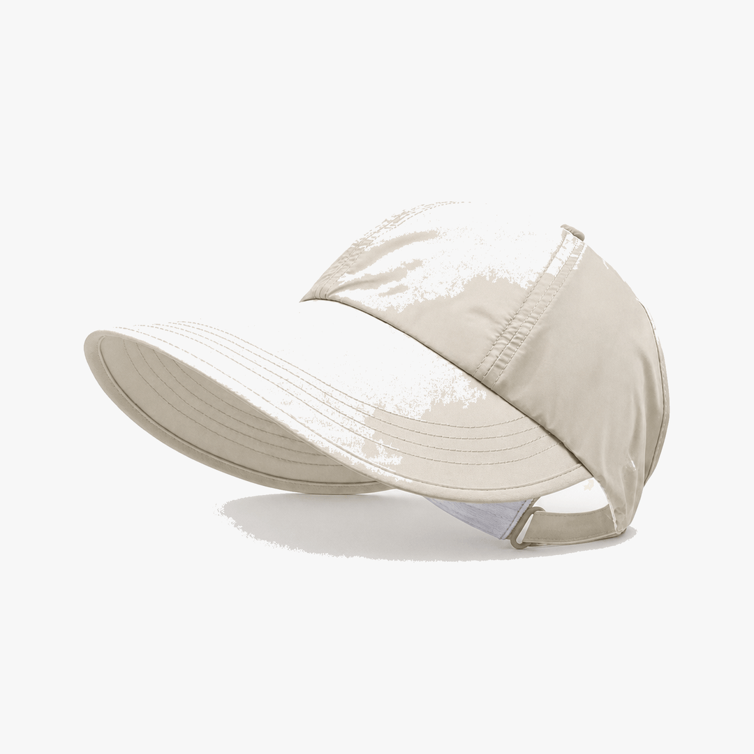Black wide brim women's sun cap with ponytail hole, stylish and practical for beach & casual wear.