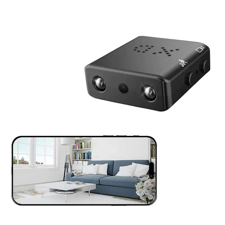 HD WiFi mini security camera with audio recording for wireless home video surveillance and monitoring.
