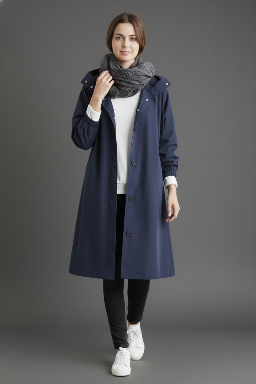 Fashionable women's hooded raincoat, waterproof trench coat for autumn & winter protection.