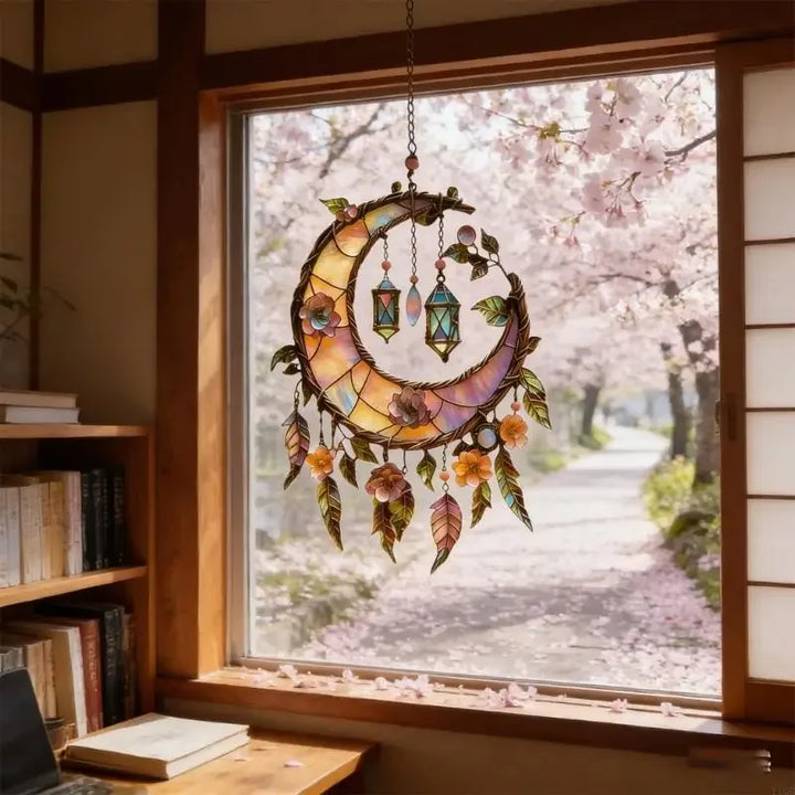 Highland cattle moon sun catcher, a charming celestial art piece and light catcher for window decor.