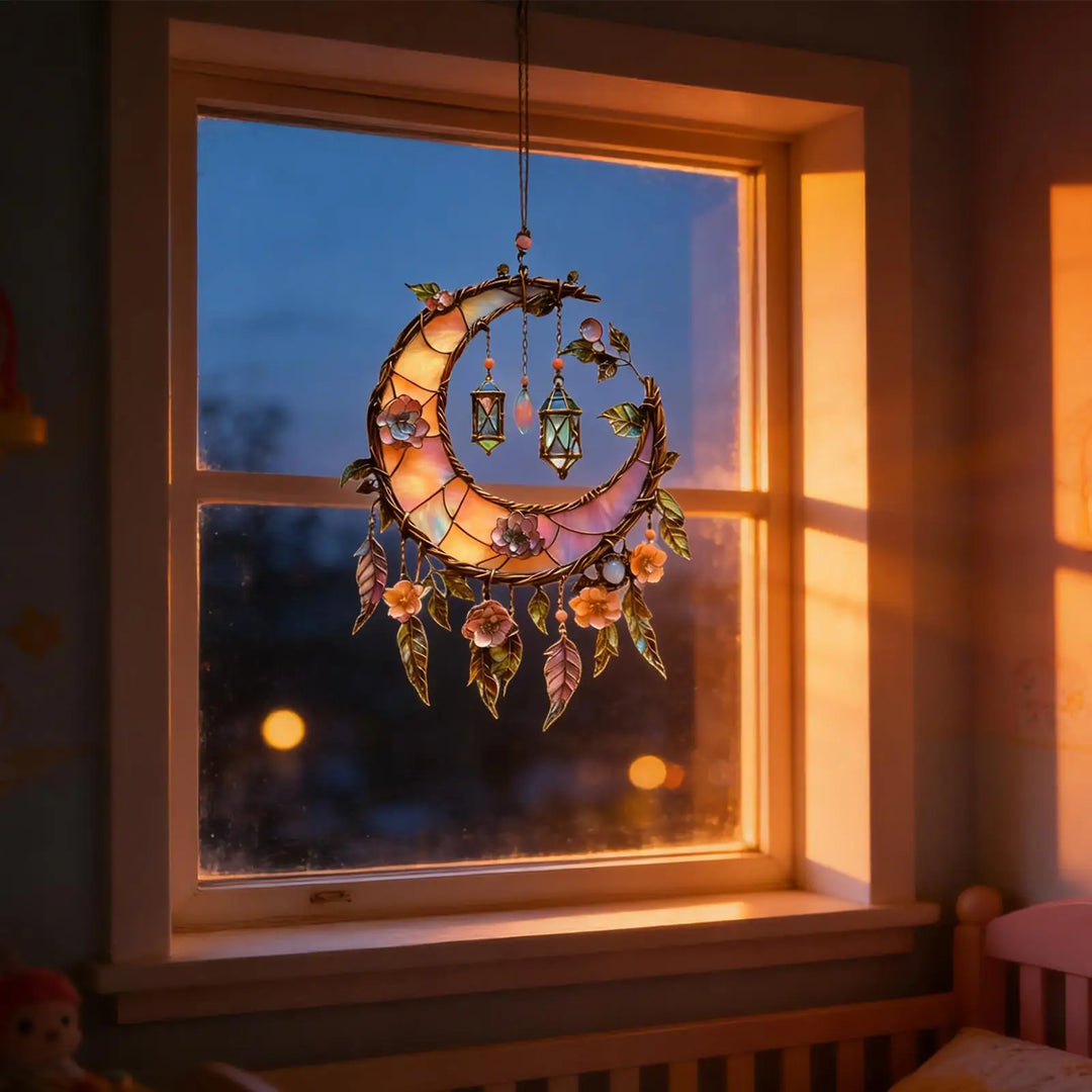 Magical sun catcher with a moon and Highland cattle design, ideal window decor for boho style homes.