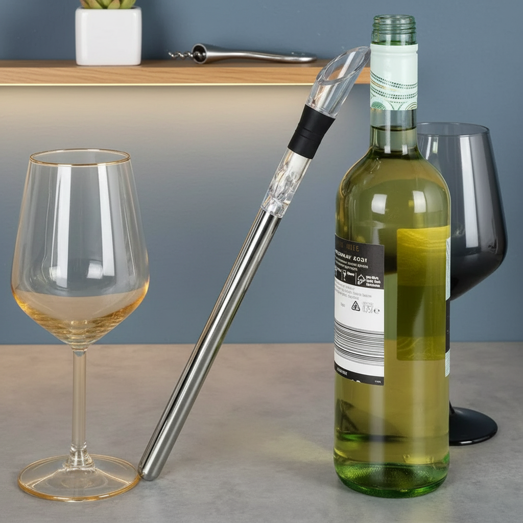 Wine chiller & aerator set, a perfect wine gift. Stainless steel design for optimal beverage temperature.