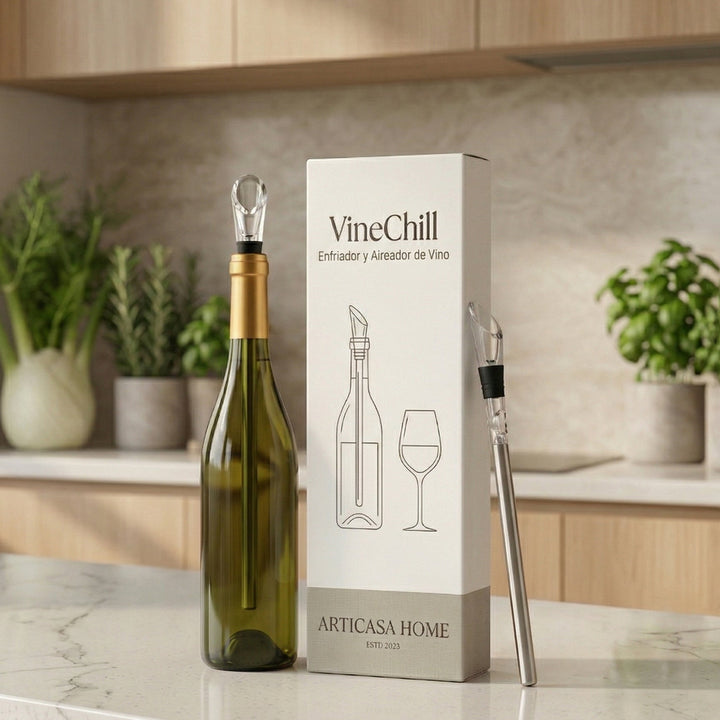 Complete wine accessory kit: stainless steel chiller and aerator. Keeps wine at ideal serving temperature.