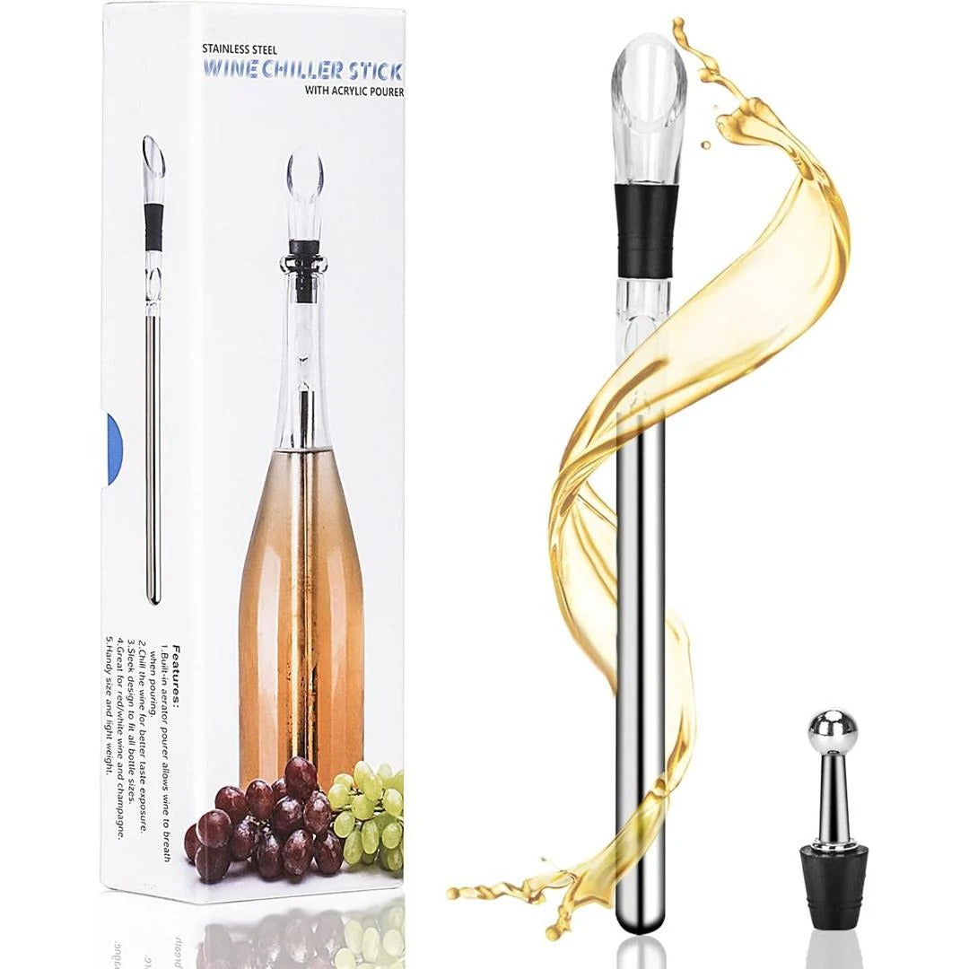 Perfect host gift: stainless steel wine chiller & aerator set. Enjoy wine at its optimal cool temperature.