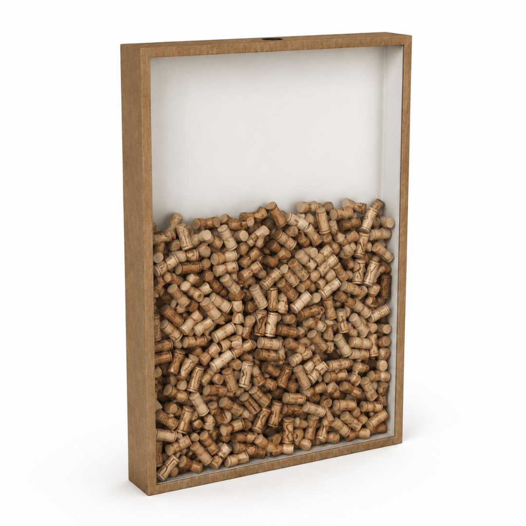 Elegant shadow box wine cork frame for wall mounted display. Perfect home decor accent for kitchens or home bars.