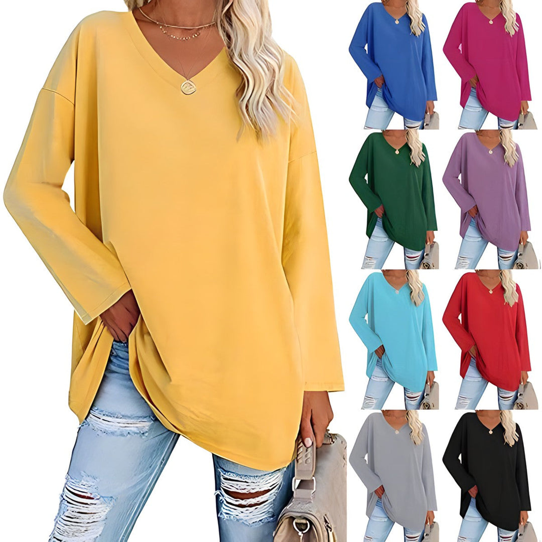 Women's V-neck long sleeve tunic top. Comfortable, relaxed fit for everyday casual wear.