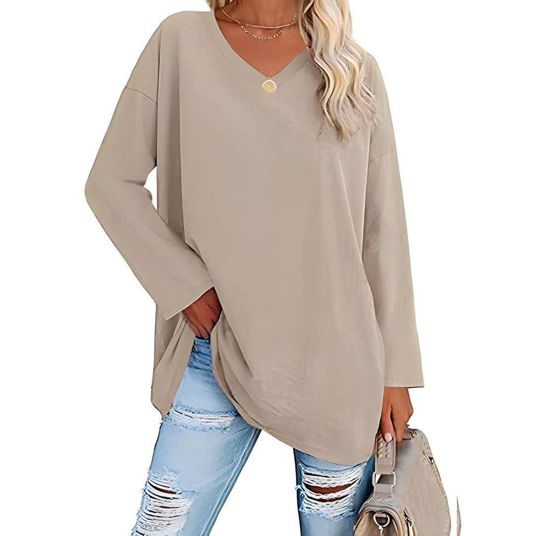 Women's fashion long sleeve V-neck tunic. Versatile top for comfortable, everyday layering.