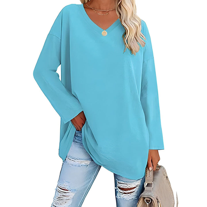 Layering-friendly V-neck long sleeve tunic for women. A comfortable, casual fashion staple.