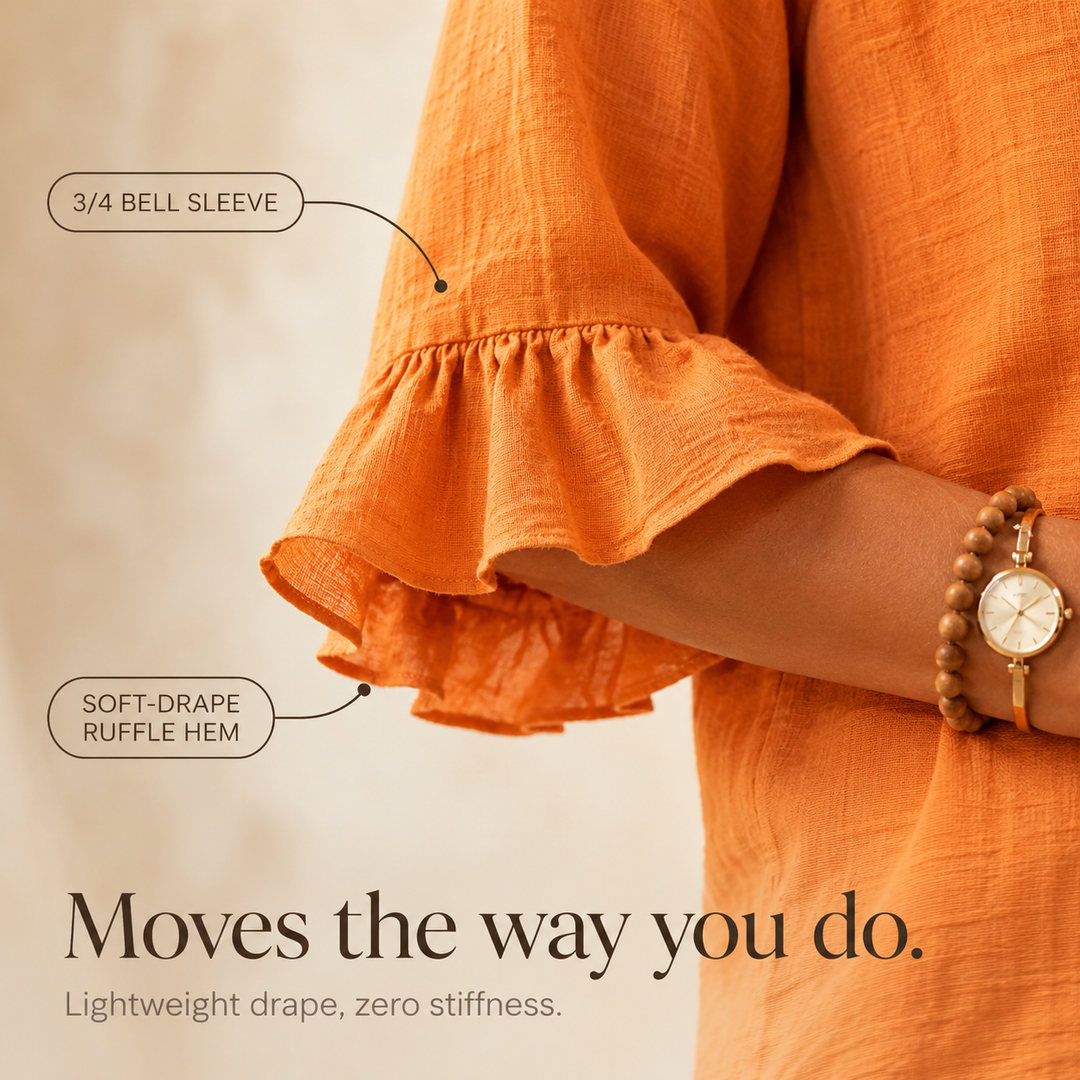 Model styled in Winslow button-front blouse; perfect for spring, summer, work, or casual chic outfits.