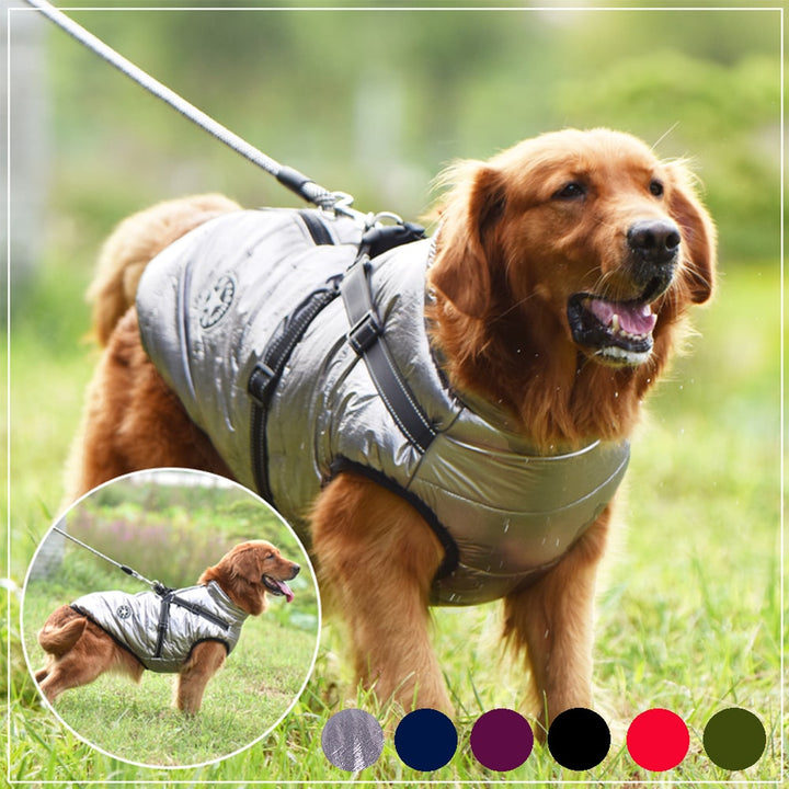Premium winter dog coat with integrated harness, reflective for visibility & water-resistant.