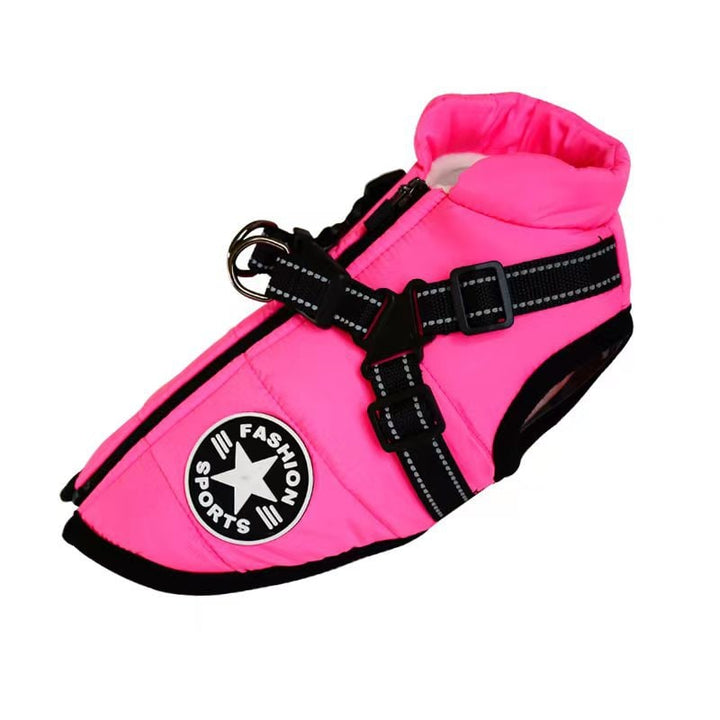 Reflective dog vest with built-in harness, perfect for pet safety & warmth in winter.