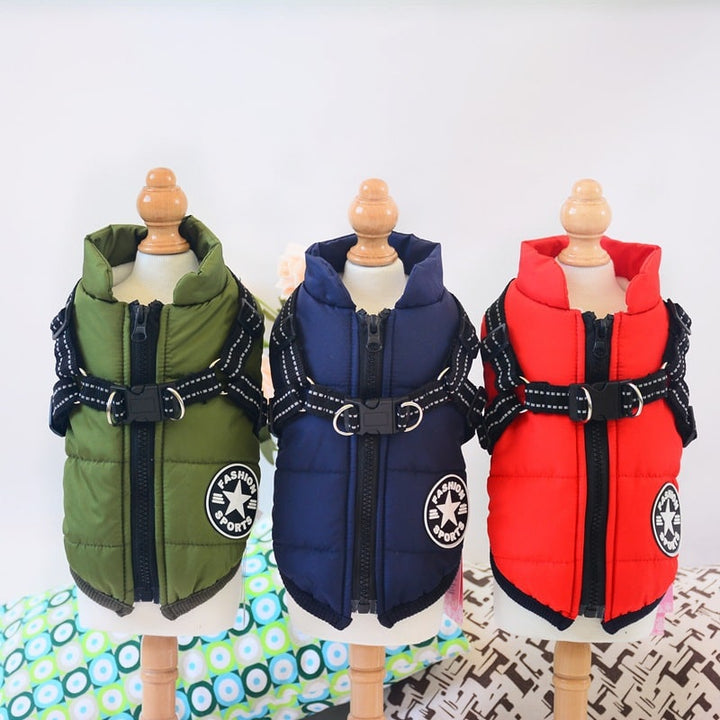 Heavy-duty dog coat with harness attachment, providing warmth & protection for cold weather.