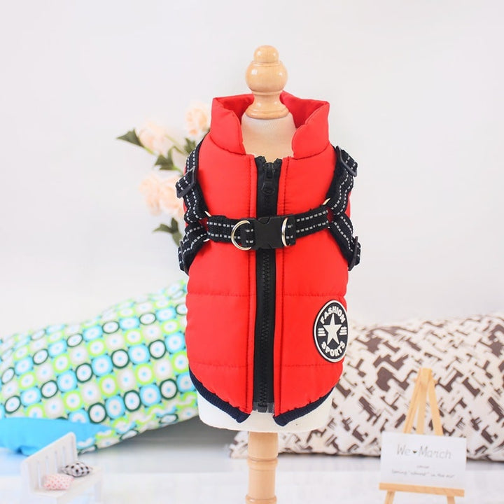 Cold weather dog coat with integrated harness, offering superior warmth & water resistance.