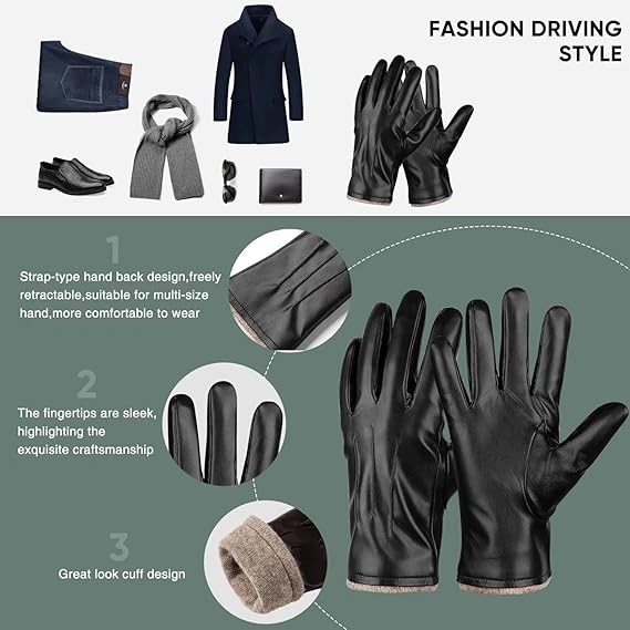 Men's thermal PU leather driving gloves, touchscreen enabled for navigation and cold weather comfort.