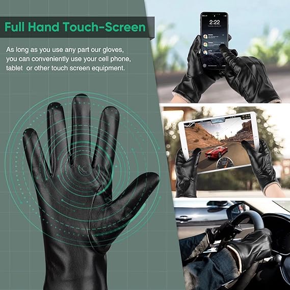 Black men's winter leather gloves with touchscreen capability, ensuring warm hands and phone access.