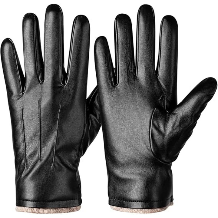 Men's black PU leather winter gloves with touchscreen functionality, perfect for warmth and device use.