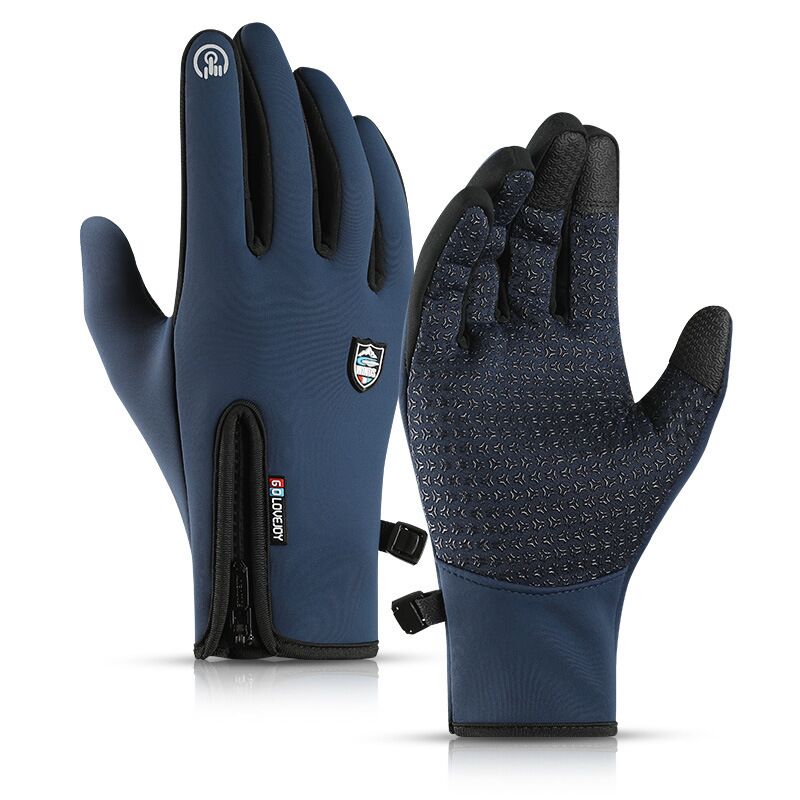 Person wearing unisex winter thermal touchscreen gloves, operating a smartphone outdoors.