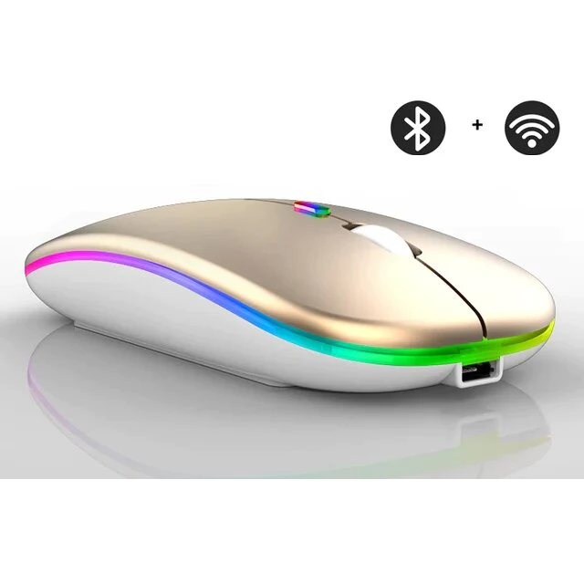 Versatile wireless rechargeable mouse, ergonomic for laptops & PCs, with vibrant LED lights.
